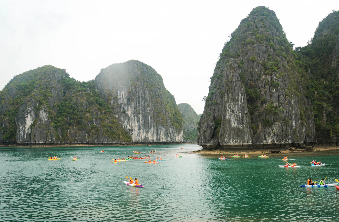 Du khách trải nghiệm chèo thuyền kayak trên các vịnh thuộc quần đảo Cát Bà.